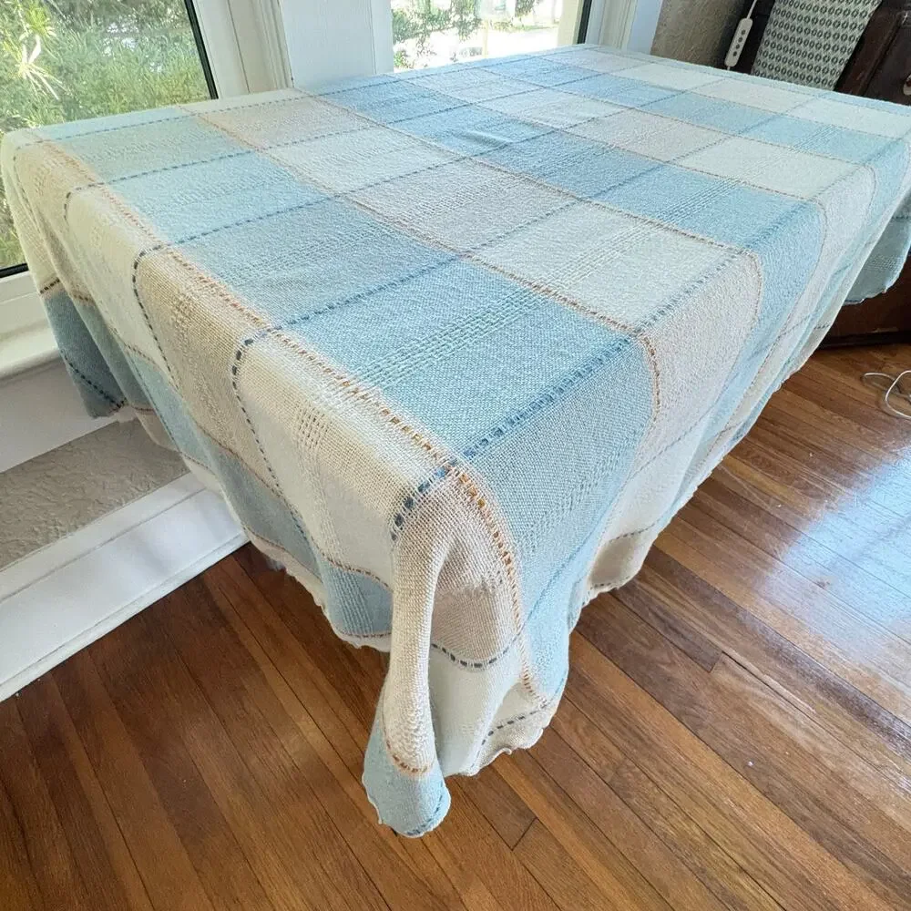 Vintage Blue Cream Plaid Round Tablecloth 64 Inch